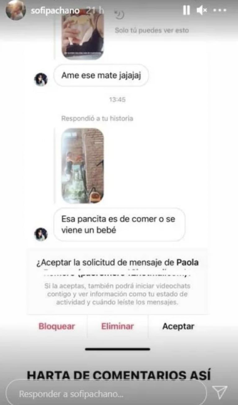 Sofía Pachano arremetió contra una seguidora que opinó sobre su cuerpo: "¡Me saca, estoy harta de comentarios así!"