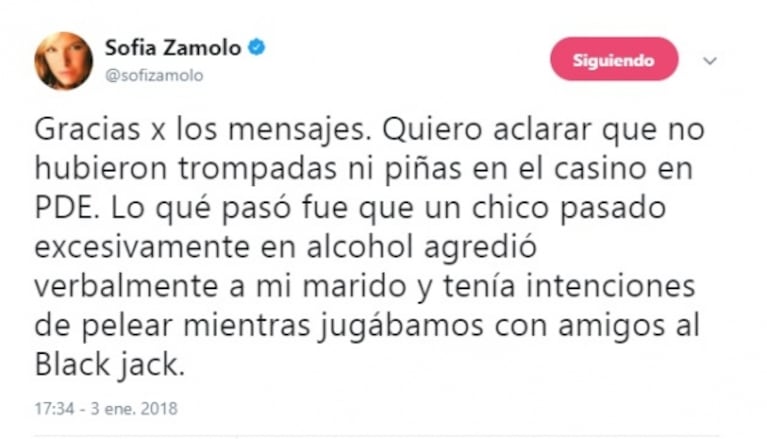 Sofía Zámolo, tras el escándalo de su marido en Punta del Este: "Lo que pasó fue que un chico pasado en alcohol lo agredió"