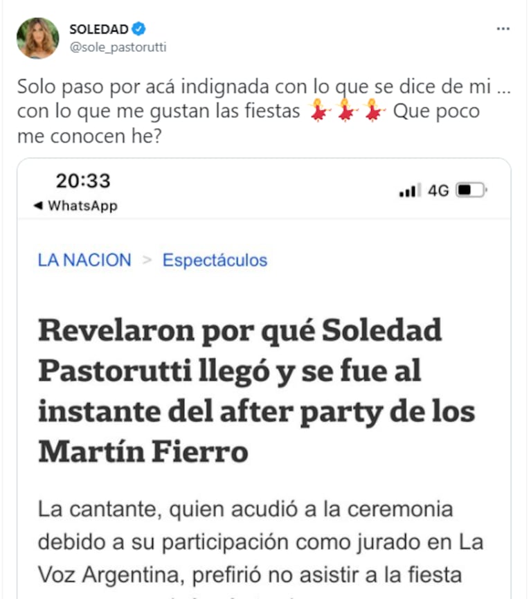 Soledad Pastorutti, después de la picante versión de que dio el portazo al after party del Martín Fierro: "Con lo que me gustan las fiestas"