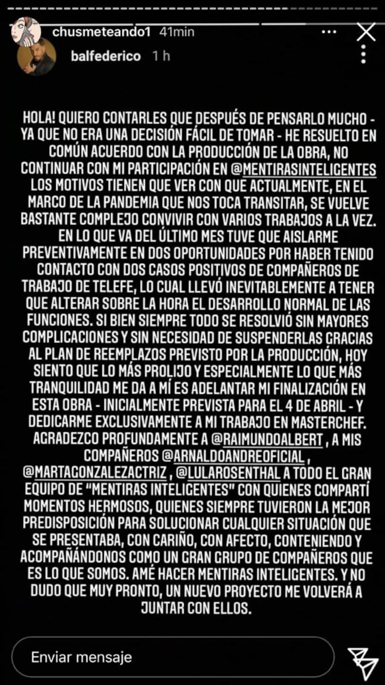 Sorpresiva renuncia de Fede Bal a la obra "Mentiras Inteligentes": "Siento que es lo más prolijo y lo que más tranquilidad me da" 