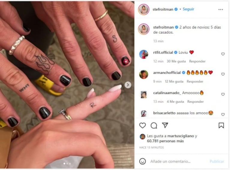 Stefi Roitman y Ricky Montaner se tatuaron sus iniciales tras su boda: "2 años de novios y 5 días de casados"