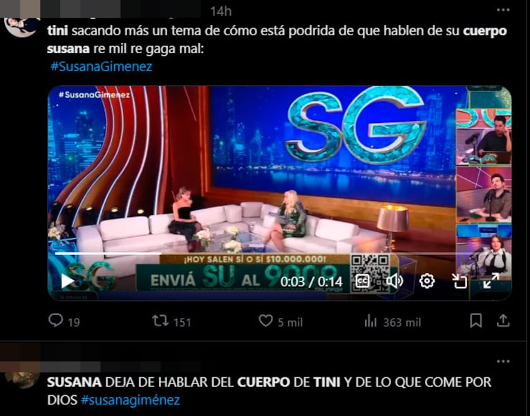 Susana Giménez opinó del cuerpo de Tini Stoessel y los fanáticos se indignaron en las redes