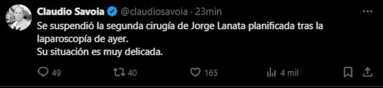 Il secondo intervento chirurgico di Jorge Llanata è stato sospeso e crescono le preoccupazioni per la sua salute