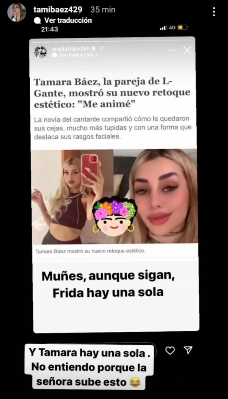 Tamara Báez estalló polémica contra Analía Franchín por criticar sus cejas: "Póngase a jugar con sus nietos"