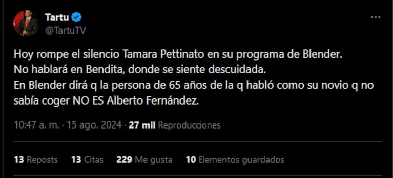 Tartu sobre Tamara Pettinato.