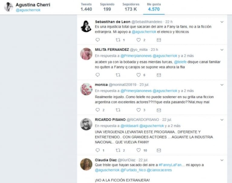 Telefe levantó Fanny la fan y Agustina Cherri expresó su bronca en Twitter