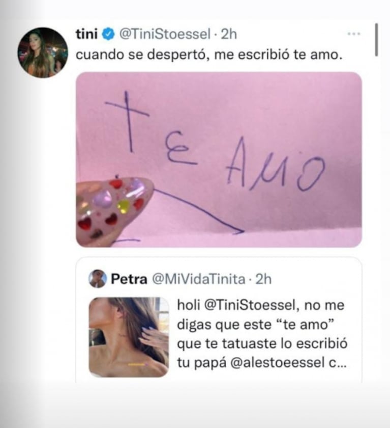 Tini Stoessel se hizo un tatuaje muy significativo, en honor a su papá tras su internación: "Te amo"