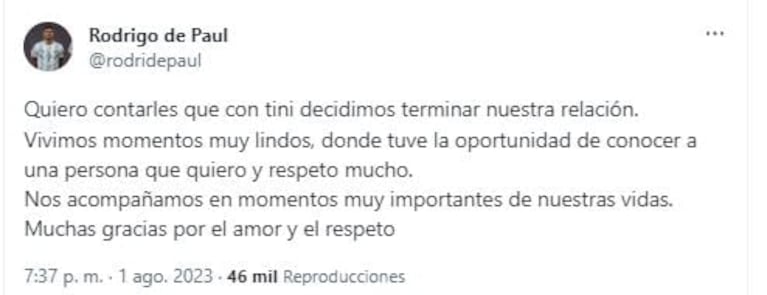 Tini Stoessel y Rodrigo De Paul confirmaron su separación: "Nos acompañamos en momentos muy importantes"