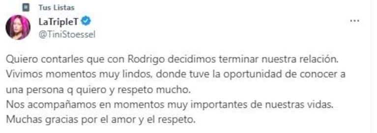 Tini Stoessel y Rodrigo De Paul confirmaron su separación: "Nos acompañamos en momentos muy importantes"
