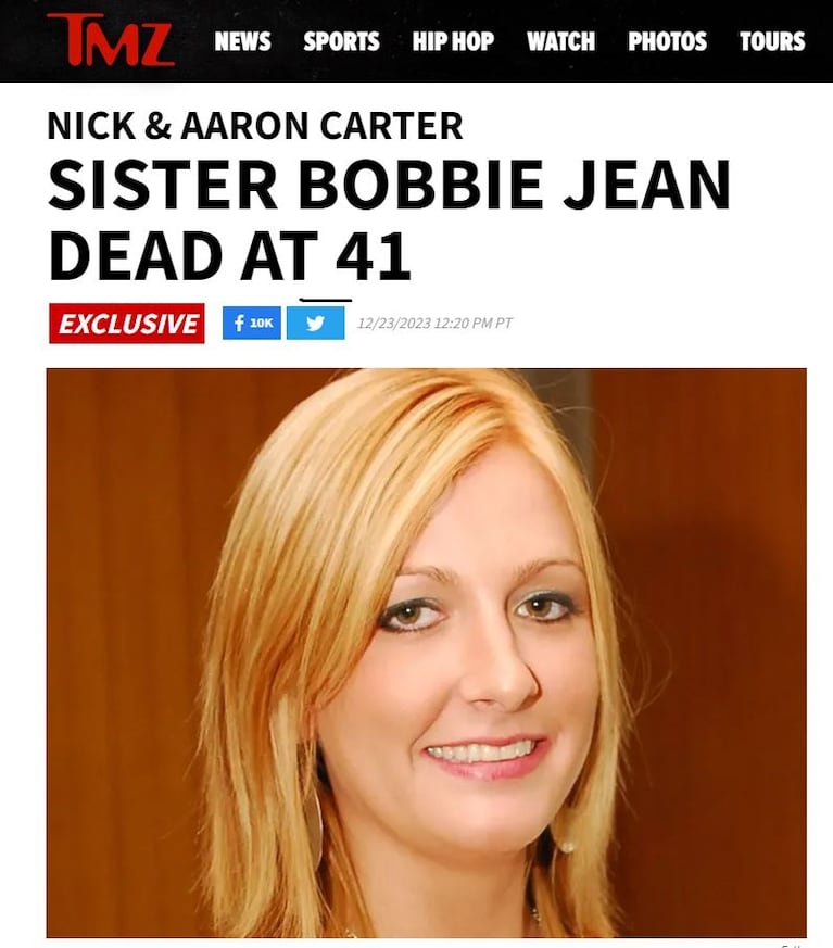 TMZ anunció la muerte de Bobbie Jean Carter este sábado 23 de diciembre.