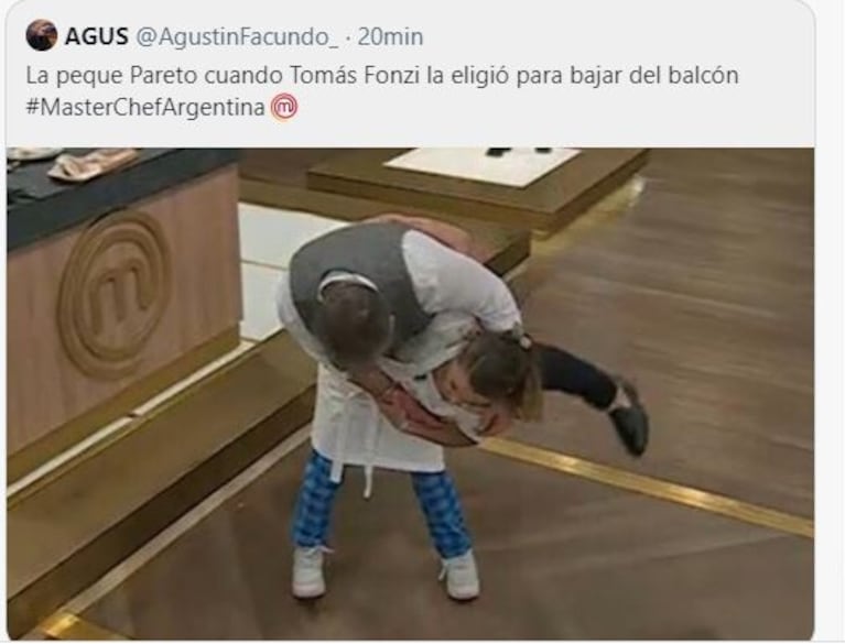 Tomás Fonzi eligió a la Peque Pareto para que baje a la eliminación de MasterChef y estallaron los memes: "Es una competencia"