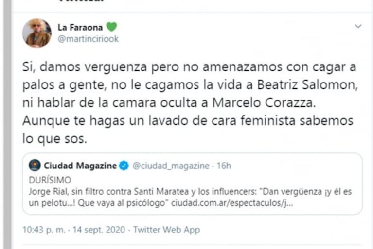 Tremenda respuesta de Martín Cirio a Rial tras criticar a los influencers: "Damos vergüenza pero no le cagamos la vida a Beatriz Salomón"