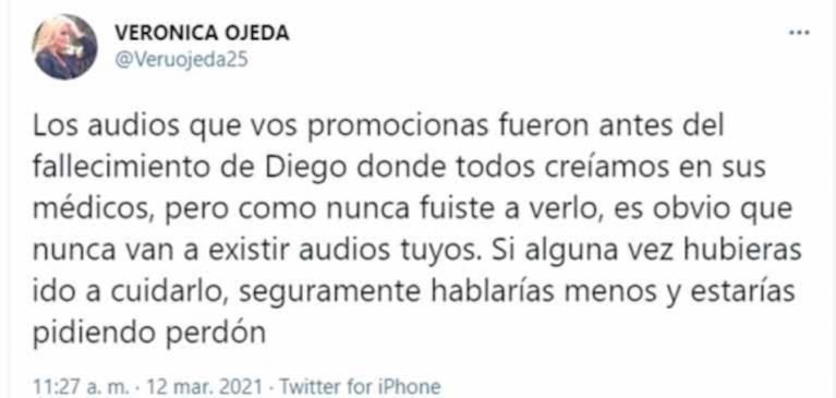 Tremenda respuesta de Verónica Ojeda a Dalma Maradona por acusarla de aliarse con Luque: "Si alguna vez hubieras ido a cuidar a Diego, hablarías menos y pedirías perdón"