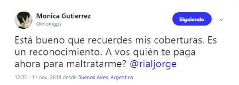 Tremendo cruce twittero de Mónica Gutiérrez con Jorge Rial: "¿Quién te paga para maltratarme?"