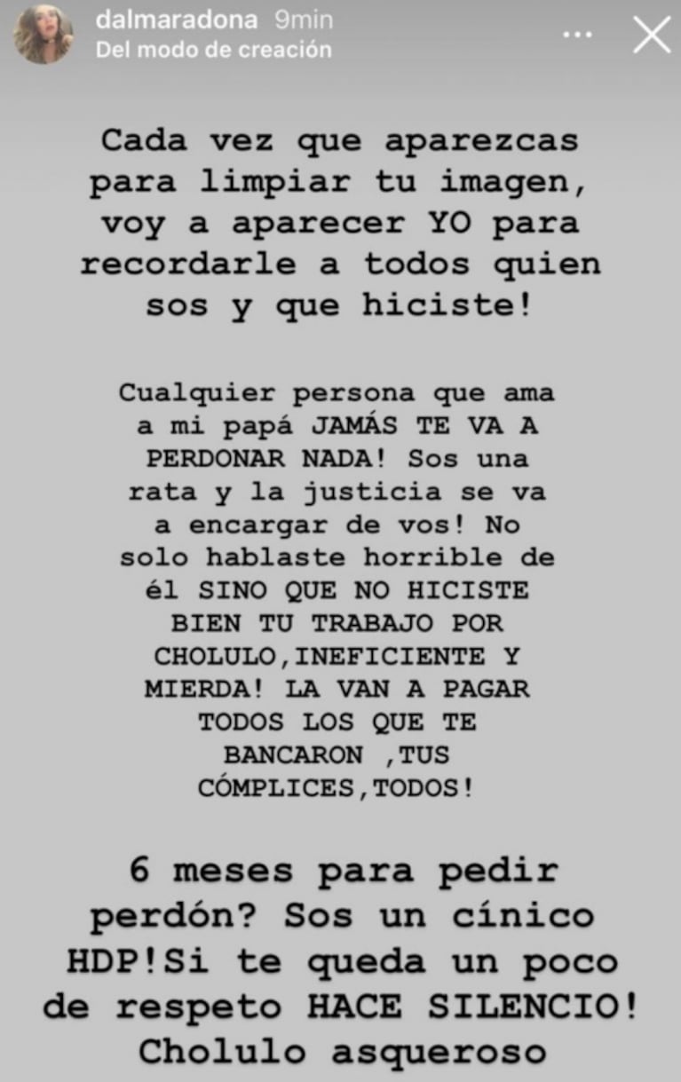 Tremendo descargo de Dalma Maradona contra Leopoldo Luque luego de que pidiera disculpas por sus audios: "Sos una rata"