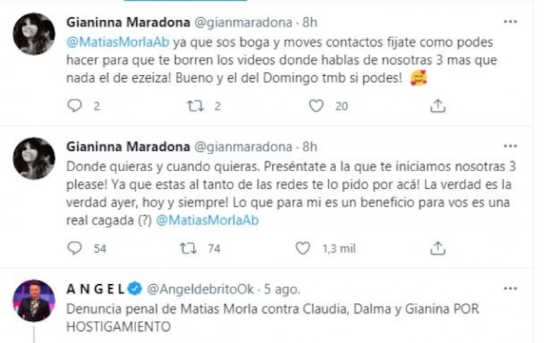 Tremendos tweets de Gianinna Maradona contra Matías Morla: "Que te borren los videos donde hablás de nosotras"