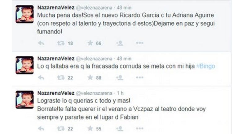 Tremendos tweets de Nazarena Vélez, que luego borró (Fotos: Captura). 