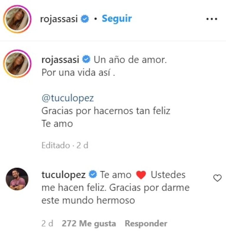 Tucu López y Sabrina Rojas compartieron románticos posteos por su primer año de novios