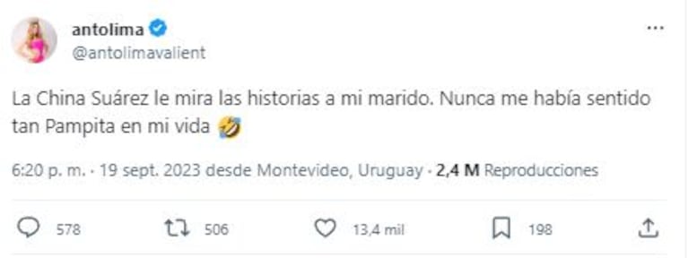 Tweet de Anto Lima sobre la China Suárez (Foto: Twitter)