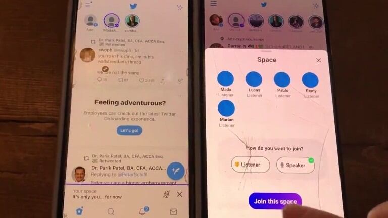 Twitter muestra cómo funciona Spaces, su chat con mensajes de voz, en Android. Foto: DPA.