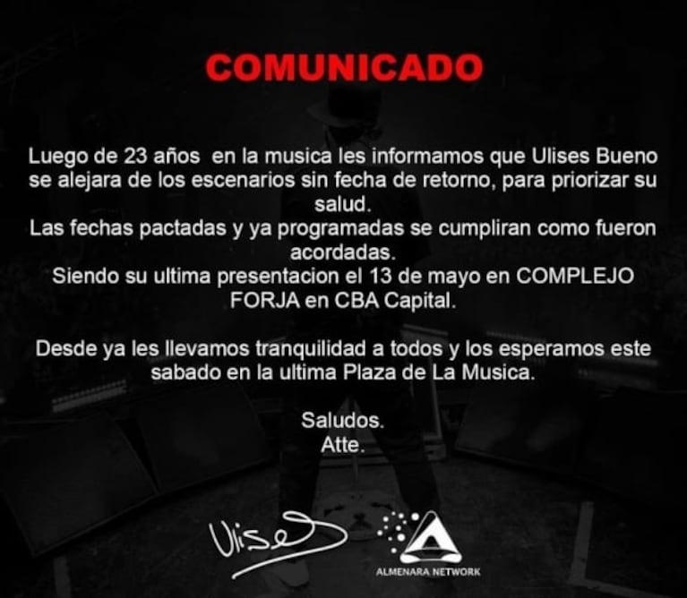 Ulises Bueno se retira de la música para cuidar su salud: "Sin fecha de retorno"