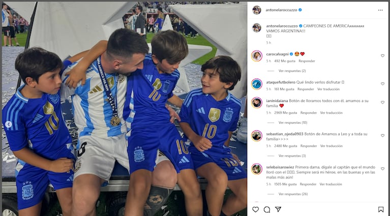 Un mensaje de aliento y la foto más tierna: el posteo de Antonela para Messi tras ganar la Copa América. (Instagram Antonela Roccuzzo)