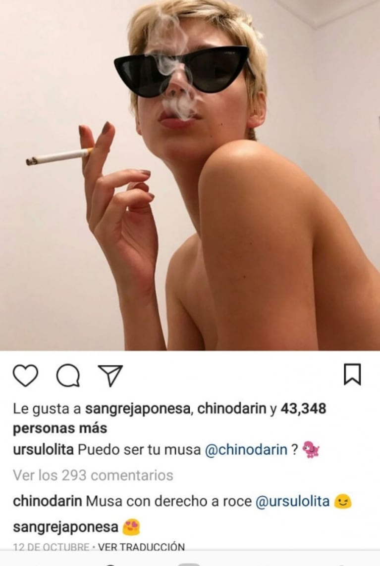 Úrsula Corberó le dedicó una sugerente foto en topless al Chino Darín y él  la piropeó: 