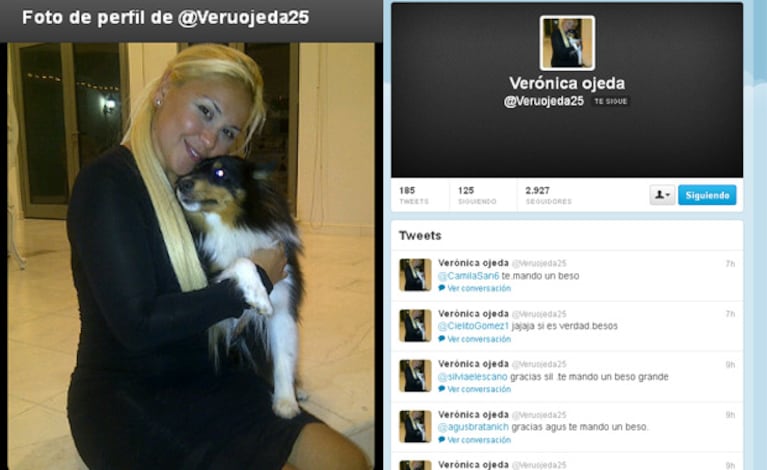 Verónica Ojeda se sumó a Twitter. En su foto de perfil aparece embarazada, abrazando a su mascota. (Capturas: @Veruojeda25)