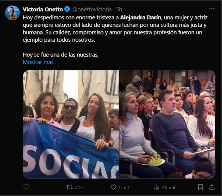 Victoria Onetto despidió a Alejandra Darín (Foto: captura de X).