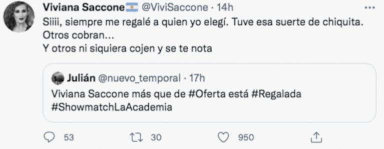 Viviana Saccone reaccionó ante el desubicado comentario de un seguidor: "Siempre me regalé a quien yo elegí" 