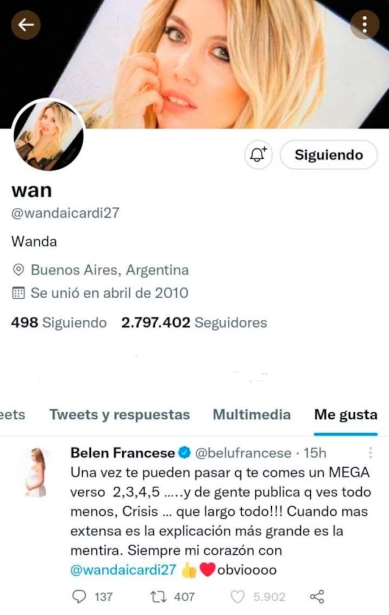 Wanda Nara apoyó el mensaje de Belén Francese contra el descargo de la China Suárez: "Más extensa la explicación, más grande la mentira"