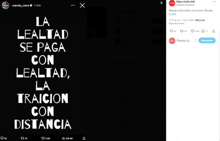 Wanda Nara reaccionó furiosa tras la filtración de una foto besándose con L-Gante: “La traición…”