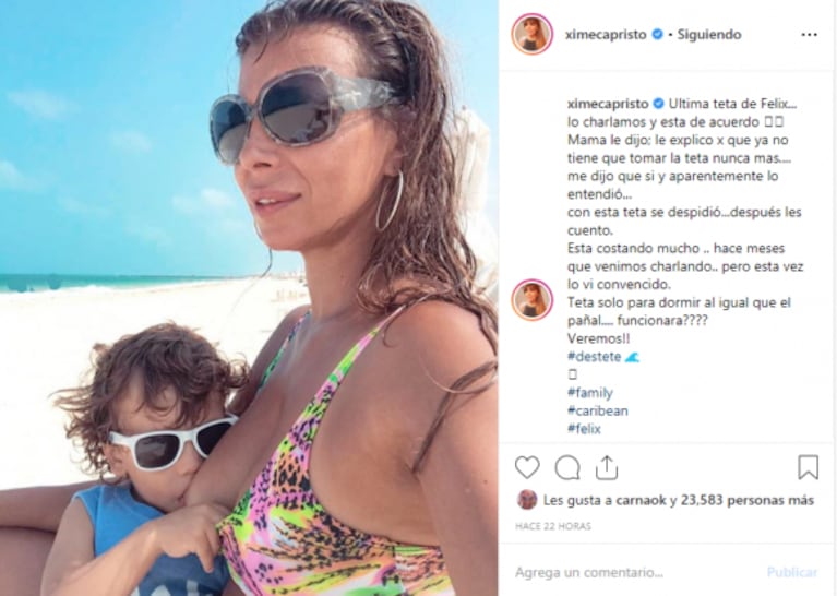 Ximena Capristo y la decisión de dejar de amamantar a su hijo: "Última teta de Félix; está costando mucho"