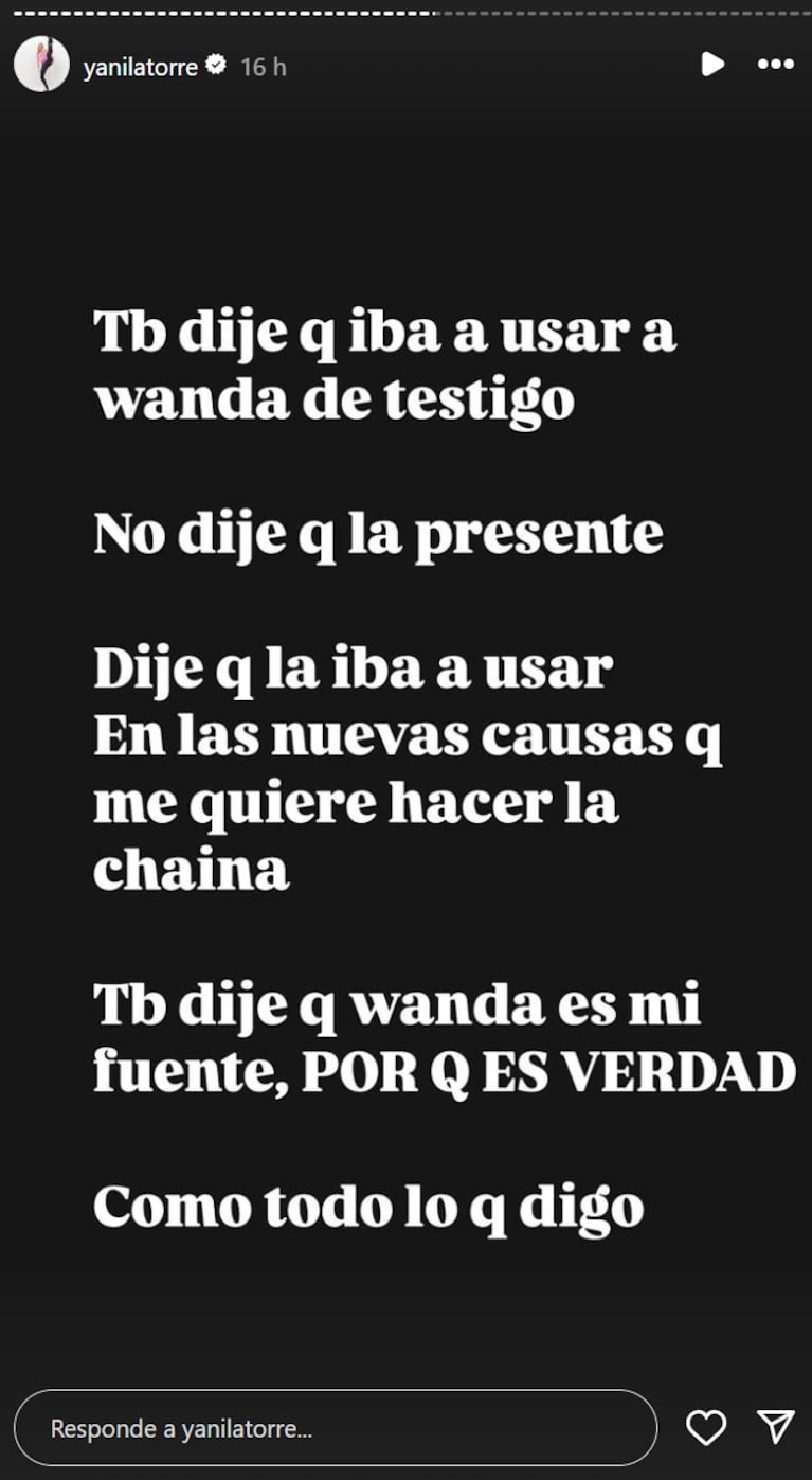 Yanina afirmó que Wanda es su fuente.