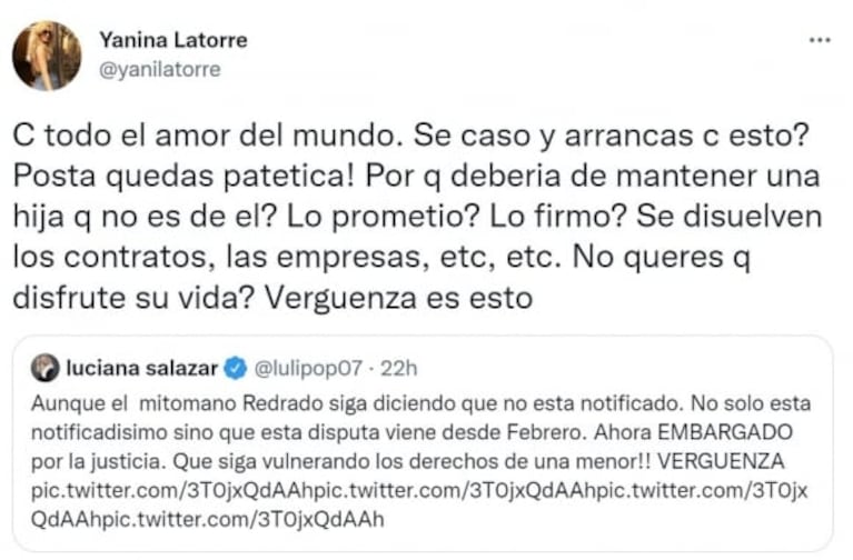 Yanina Latorre arremetió contra Luciana Salazar por su pelea con Martin Redrado: "Patética"