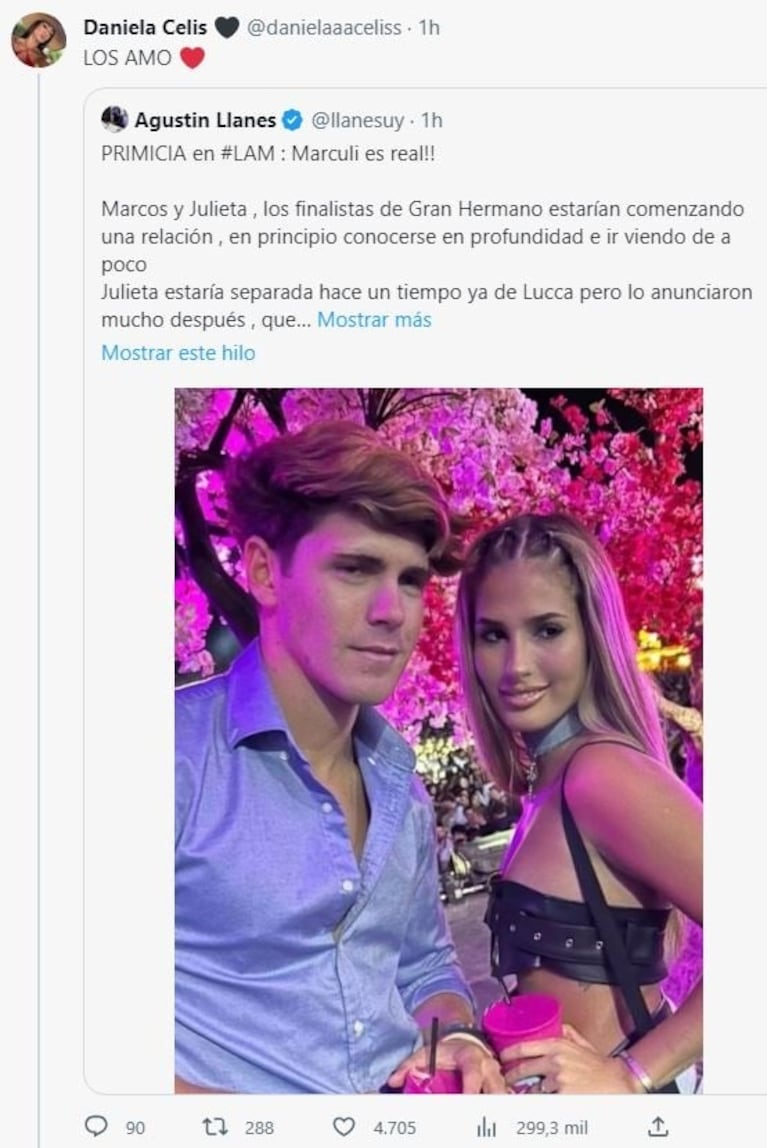 Yanina Latorre aseguró que Julieta Poggio y Marcos Ginocchio tuvieron un encuentro íntimo y Daniela Celis los mandó al frente con su tweet: "Los amo"