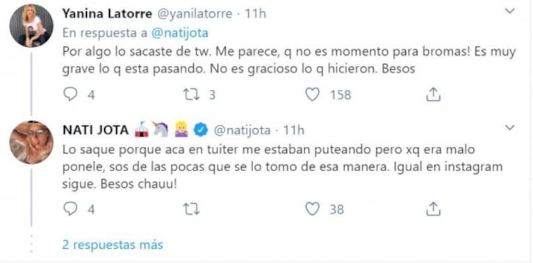 Yanina Latorre criticó a Nati Jota por su parodia del coronavirus con Grego Rossello: el cruce en Twitter