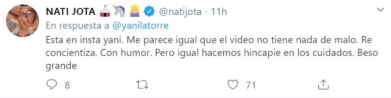 Yanina Latorre criticó a Nati Jota por su parodia del coronavirus con Grego Rossello: el cruce en Twitter