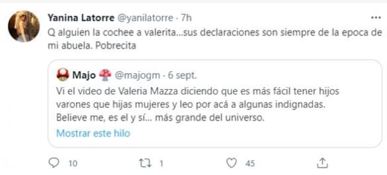 Yanina Latorre criticó con todo a Valeria Mazza por sus declaraciones sobre la crianza de los hijos: “Pobrecita”