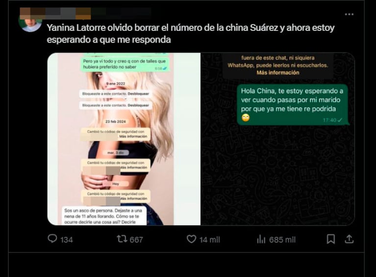 Yanina Latorre filtró el celular de China Suárez: los tremendos mensajes que le mandaron a la actriz