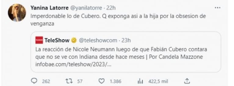 Yanina Latorre, letal con Fabián Cubero en pleno conflicto con Nicole Neumann: "Es imperdonable que exponga a su hija"