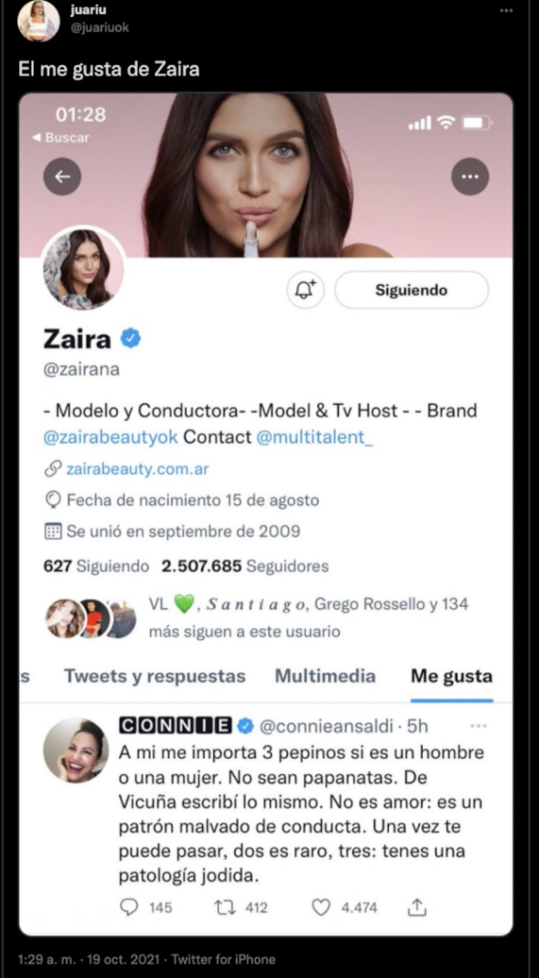 Zaira Nara apoyó el ácido comentario de Connie Ansaldi sobre la China Suárez: "Si te pasa tres veces, tenés una patología"