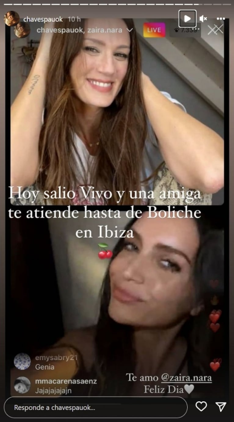 Zaira Nara hizo un vivo con Paula Chaves desde un boliche en Ibiza: "Una amiga te atiende"