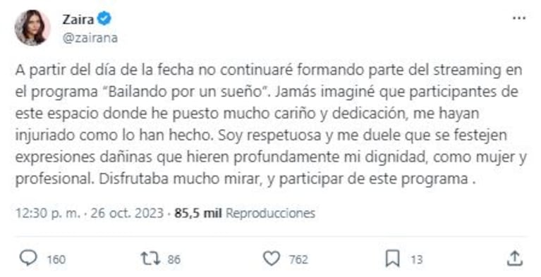 Zaira Nara renunció al Bailando 2023: su furioso descargo. (Foto: Captura Twitter /zairana)