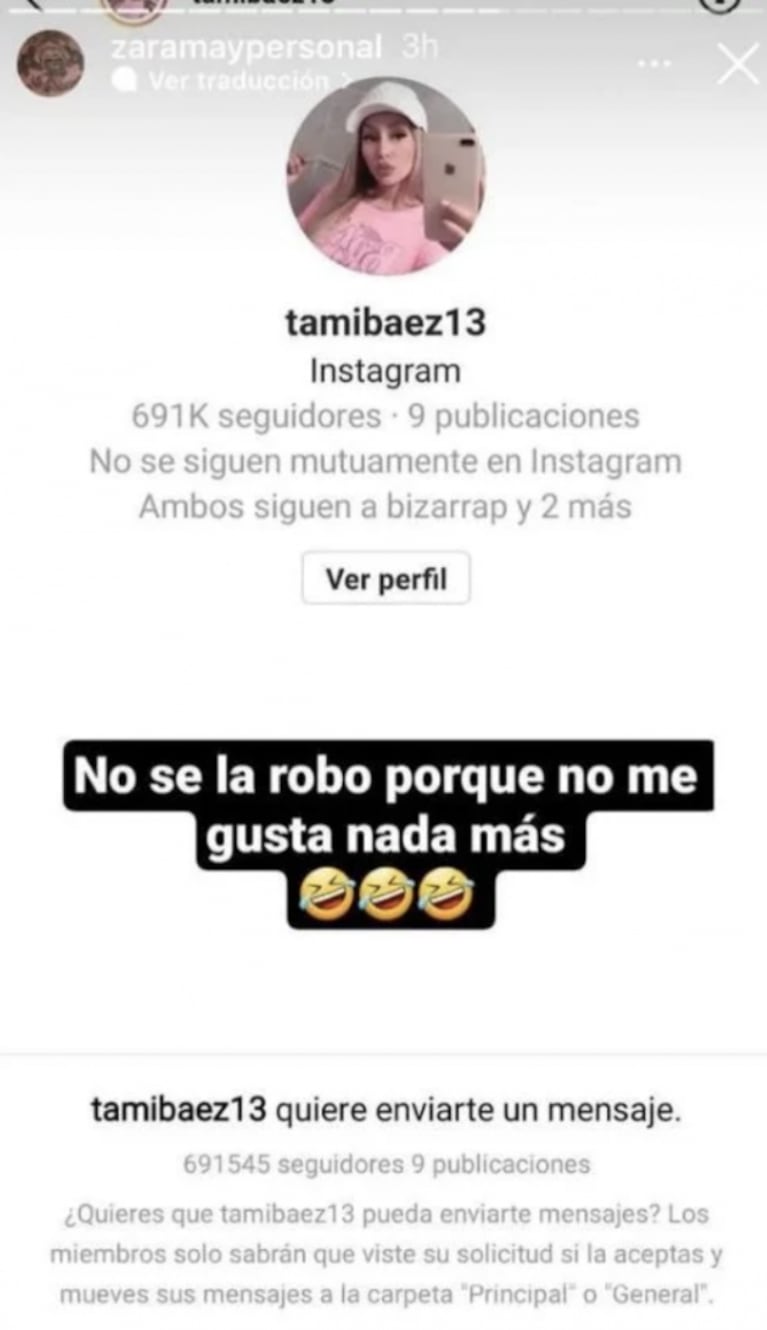 Zaramay le dedicó un fuerte mensaje a L-Gante tras haber dejado expuesta a su novia: "No me la robo porque no me gusta"